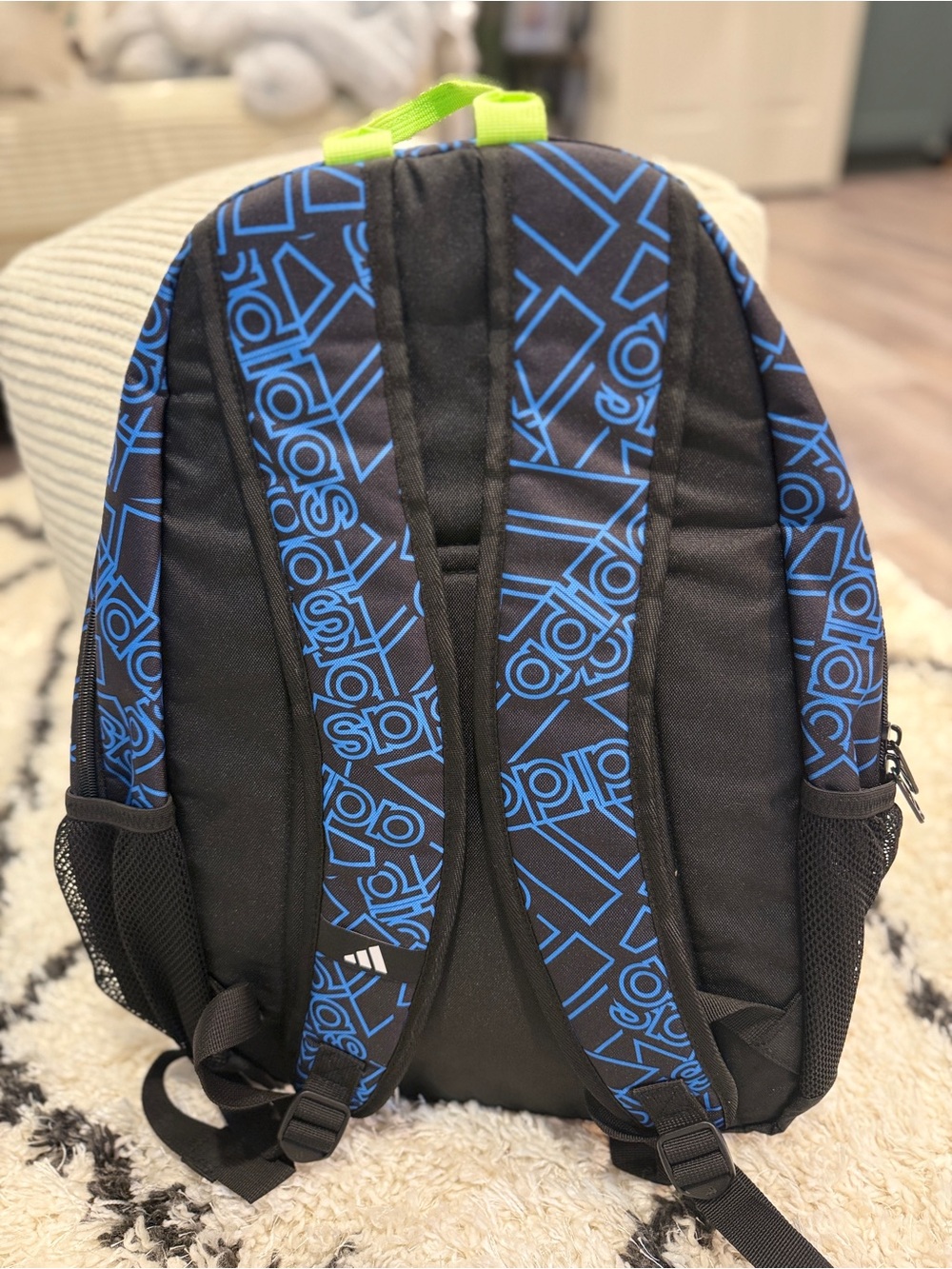 NWT adidas Backpack Blue Black All Over Logo Print Neon Green School Sports Bag - Picture 7 of 14